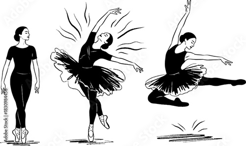Dynamic set of monochrome vector sketches illustrating a ballerina performing expressive ballet movements.
