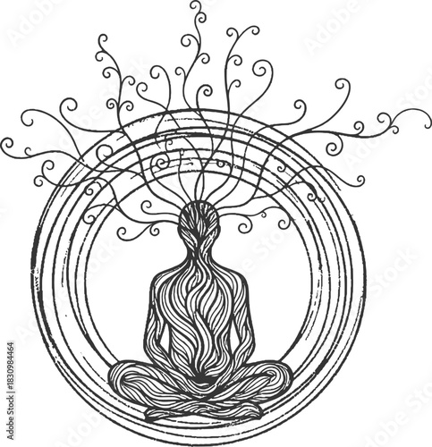 Grunge vector illustration depicting a person meditating with vines growing from the head, symbolizing cosmic connection.