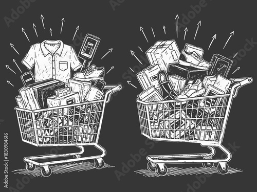 Two vintage chalk drawn shopping carts overflowing with purchased goods and boxes.