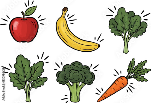 Vibrant hand-drawn illustrations of healthy fruits and vegetables including apple, banana, and broccoli.