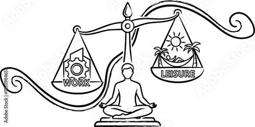 Hand-drawn illustration depicting a meditating person achieving perfect work-life balance on symbolic scales.
