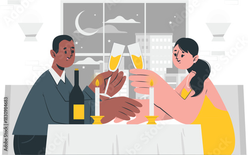 Photos Couple celebrating with champagne at a candlelit dinner celebration romance
