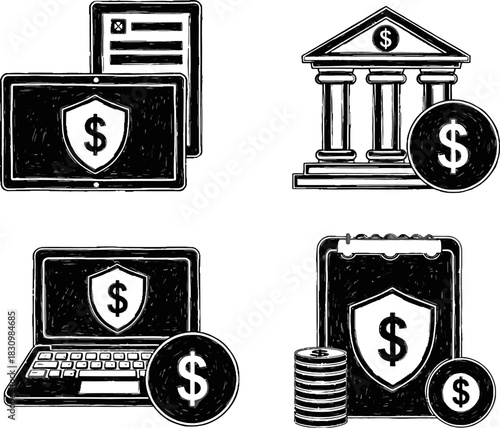 Sketchy financial icons representing online banking security, protection, and money management.
