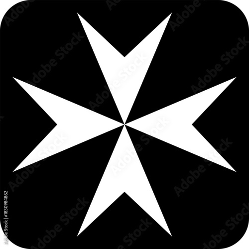 Monochrome vector graphic of a white maltese cross on a black background. The Maltese cross symbolizes courage, chivalry, and protection, most famously associated with the Knights of St. John