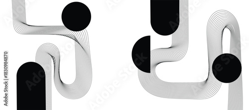 abstract graphic composition of flowing lines and contrasting shapes, presented in a minimalist, black and grey aesthetic. Modern art background