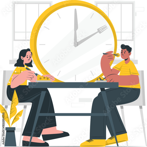 Couple eating at a table with a large clock background meal food