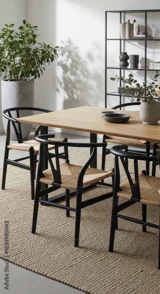 Fototapeta premium Modern dining area with wishbone chairs and plant