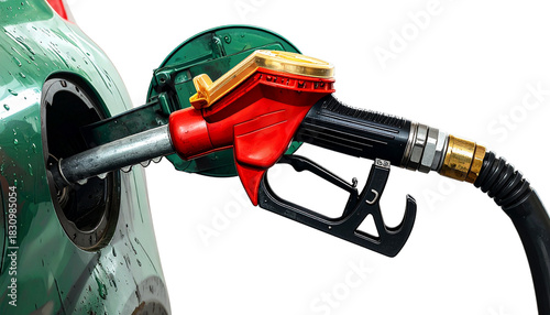 Close-up of a gas pump nozzle dispensing fuel, highlighting energy, transportation, and fuel station concepts, perfect for automotive, industry, or business visuals.