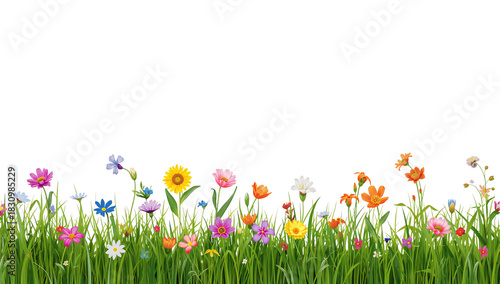 Colorful Wildflower Meadow With Vibrant Blooms Under Clear Blue Sky