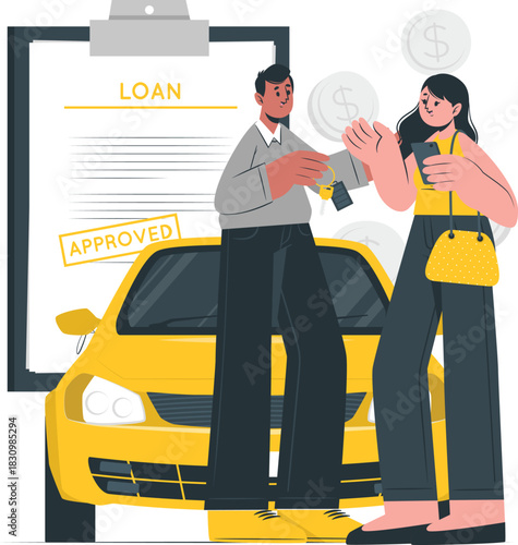 Couple receiving car keys after loan approval with coins car loan finance