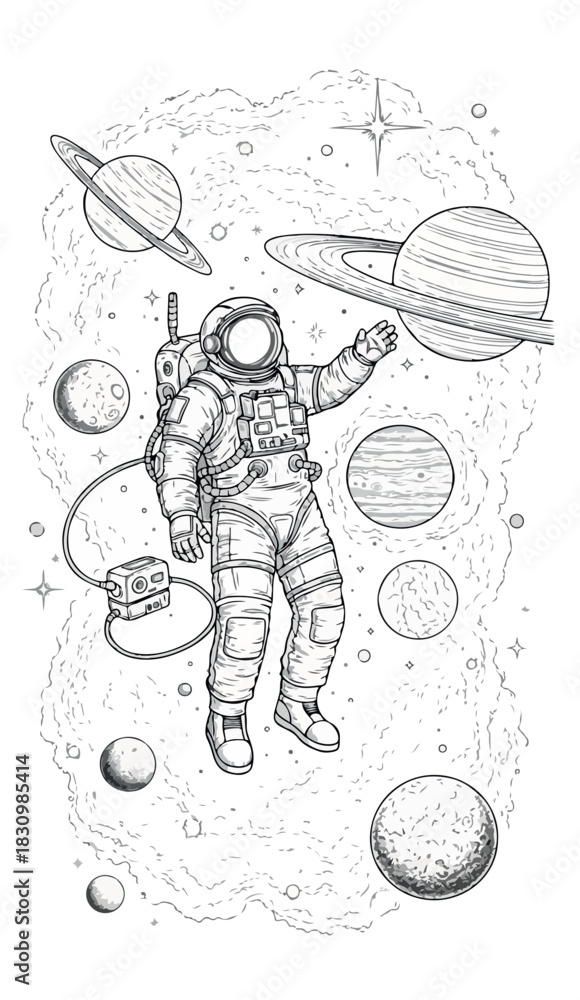 Fototapeta premium Astronaut Floating in Vast Outer Space Surrounded by Planets, Stars, and Cosmic Clouds, an Adventure Illustration