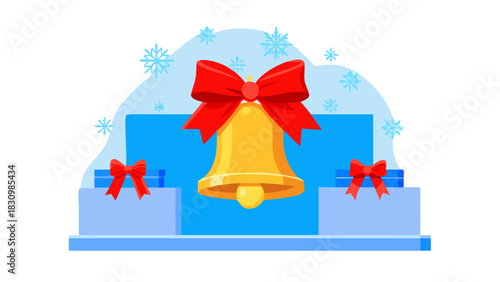 Golden bell with red bow on blue podiums, festive christmas decoration .icon