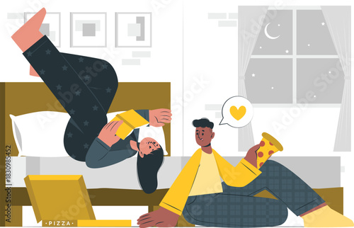 Couple Relaxing in Bed Eating Pizza at Night vector illustration