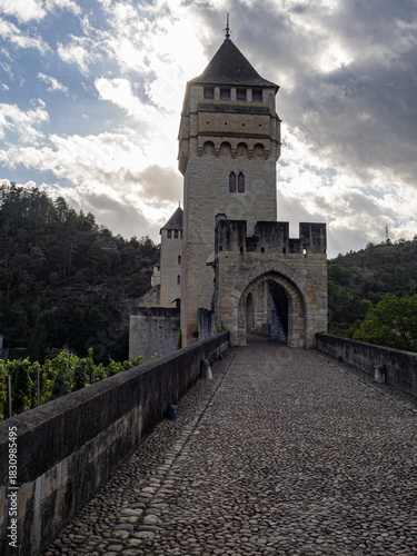 Close-up of a tower of the Valentrén bridge, in the medieval city of Cahors, over the Lot River. Lot Valley, Ocitanie Region, France.
