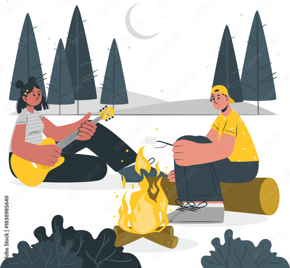 Fototapeta premium Couple roasting marshmallows by campfire under starry night sky stars moon