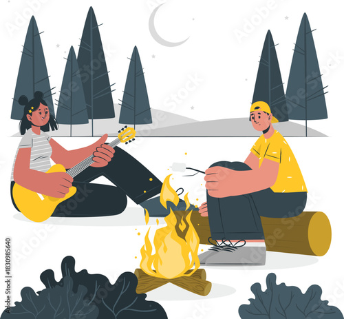 Couple roasting marshmallows by campfire under starry night sky stars moon