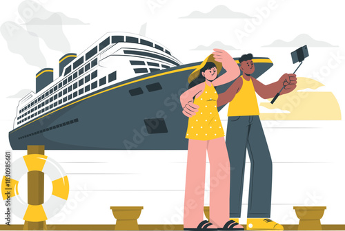 Couple taking a selfie with a large cruise ship travel vacation