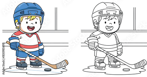 Cartoon little boy playing ice hockey. Vector illustration of a young player in gear. Coloring book page design with colored preview and black and white outline for kids activity.