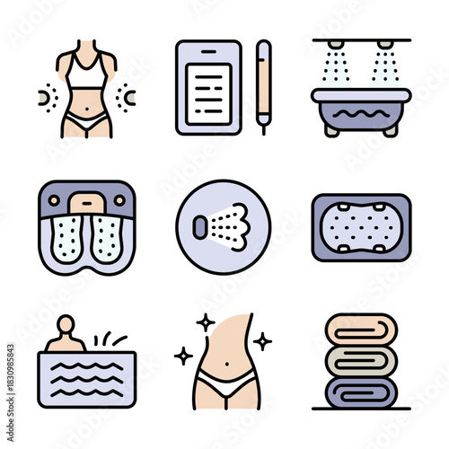 Hydro massage color icons set. Spa aqua. Park bathing. Health care and medical vector symbols isolated on white background.