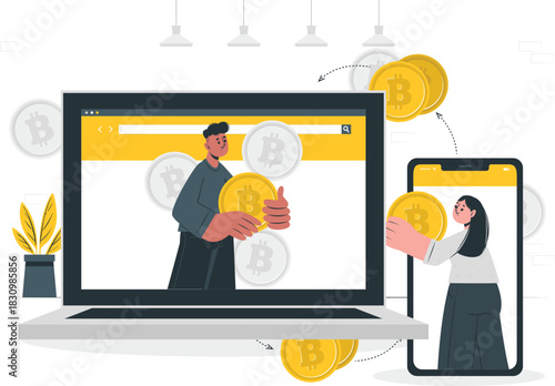 Cryptocurrency transaction with laptop and smartphone bitcoin digital currency