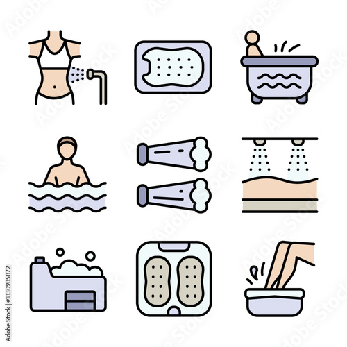 Hydro massage color icons set. Spa aqua. Park bathing. Health care and medical vector symbols isolated on white background.