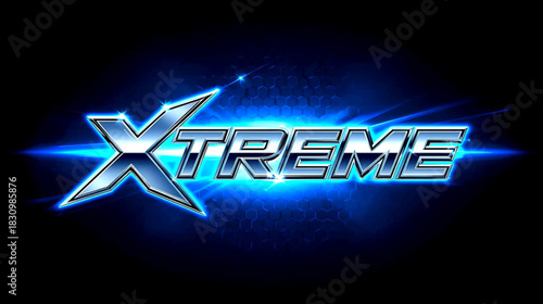 Xtreme text logo in chrome style with blue neon glow effect on