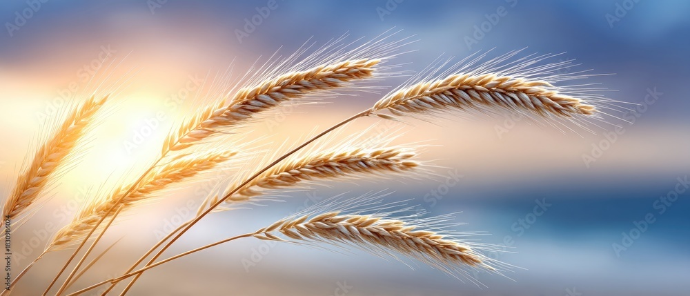 Obraz premium Golden wheat stalks sway gently as the sun rises over a serene beach at dawn, capturing the beauty of nature in a tranquil moment