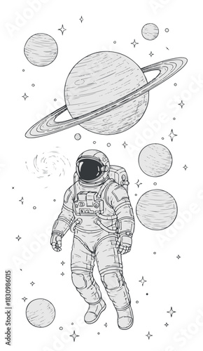 Grayscale Illustration of an Astronaut Floating in Outer Space with Planets and Stars, Symbolizing Exploration