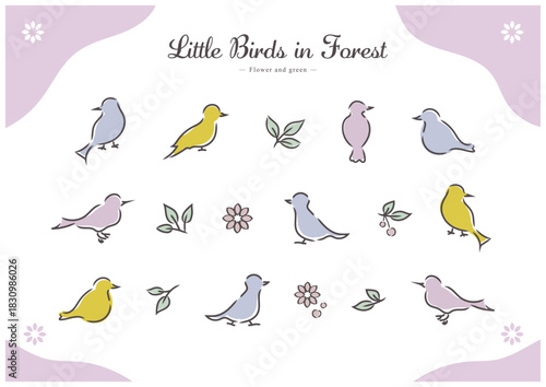 おしゃれな小鳥と森のイラストセット。Stylish bird and forest illustration set