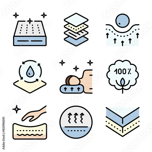 Mattress for sleeping color icons set. Memory foam symbols shows different types of mattresses with features like breathability, firmness, and pressure relief.