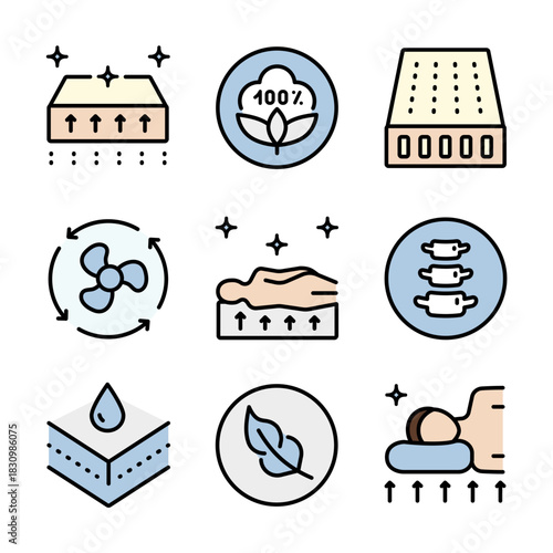Mattress for sleeping color icons set. Memory foam symbols shows different types of mattresses with features like breathability, firmness, and pressure relief.