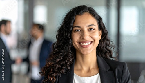 A confident young businesswoman smiling warmly in a professional office setting.