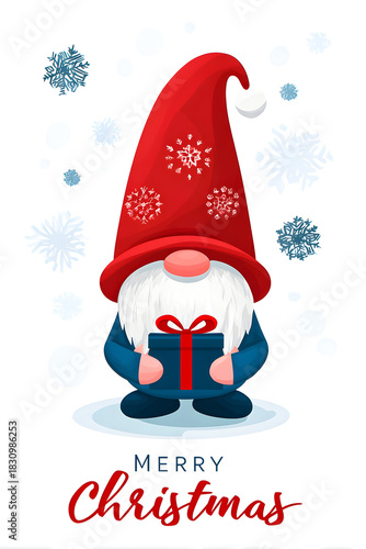 Cute gnome with red hat holding gift during Christmas celebration with snowflakes in background