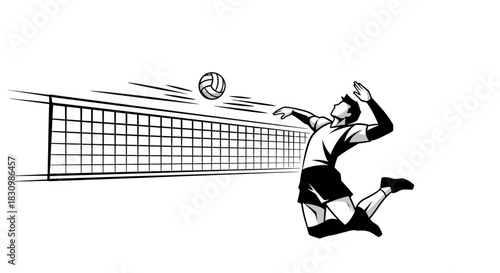 Dynamic volleyball player executing a powerful jump spike over net