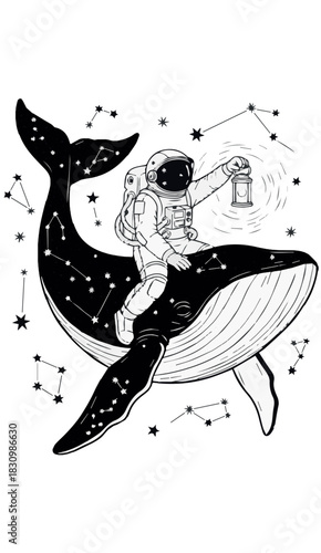 Astronaut Riding a Majestic Whale, Holding a Lantern While Floating Among Constellations in a Black and White Cosmic Illustration
