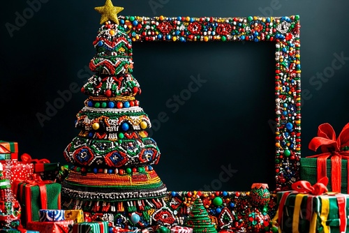 Colorful African inspired Christmas tree decorated with handmade ornaments and gifts, showcasing rich cultural artistry