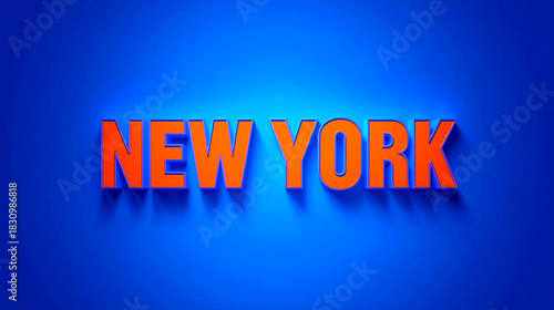 Bold orange 3d text spelling new york glowing against a vibrant blue background