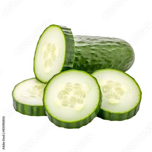Fresh green cucumber slices stand out, featuring a transparent background, ideal for product photography.