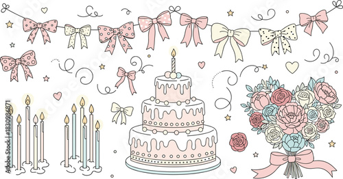 Hand Drawn Coquette Party Set with Cute Girly Decorations.