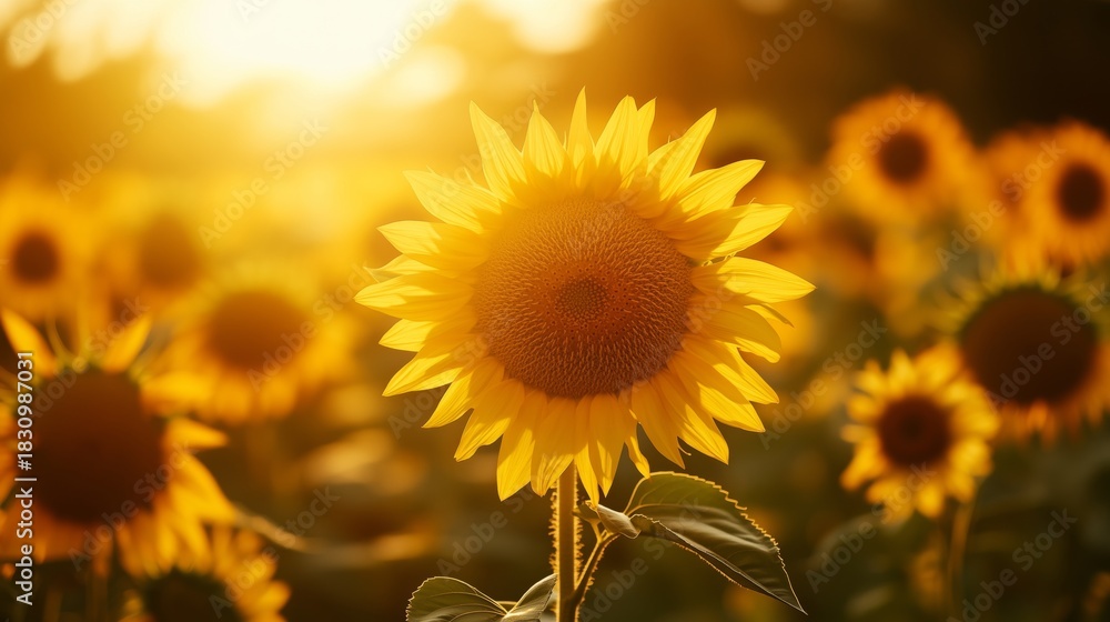 Fototapeta premium Sunflowers Blooming in a Vibrant Field During Sunset in a Rural Landscape