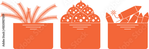 Boxes with New Year's toys and firecrackers, pine branches with spruce needles, vector Christmas icons, a set of New Year's gifts, pyrotechnics in packaging, glass New Year's balls