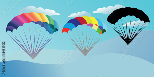 Colorful parachutes and a black Silhouette parachute floating in blue sky