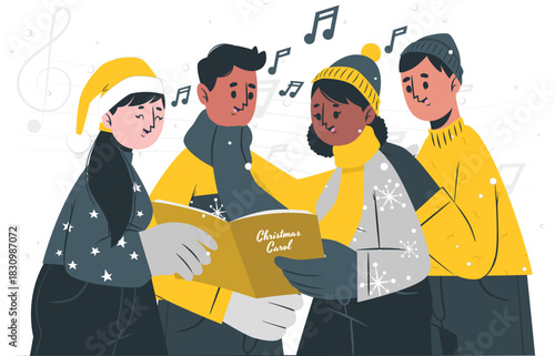 Diverse group of people singing Christmas carols together in winter music holiday