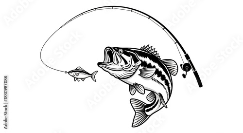 Leaping largemouth bass attacking fishing lure with rod and reel