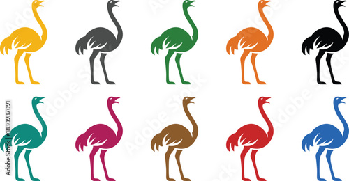 Colorful ostrich silhouettes on white, Vibrant bird silhouette collection