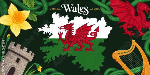 Wales red dragon flag illustration with daffodil, castle tower and Celtic harp on dark green background, Welsh culture banner art