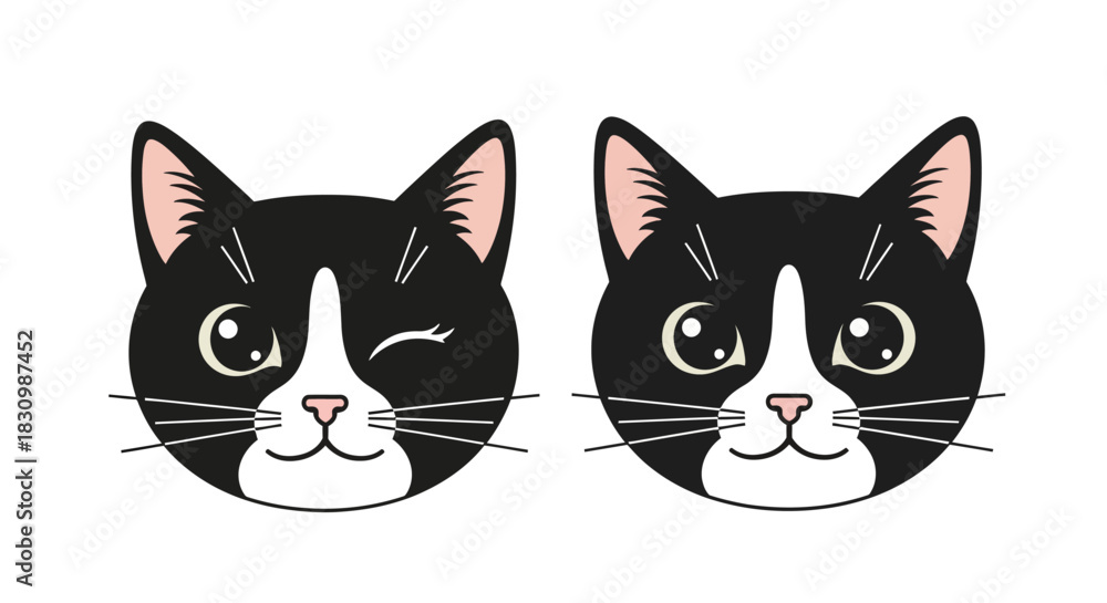 Fototapeta premium Cute cartoon tuxedo cat faces with different expressions vector