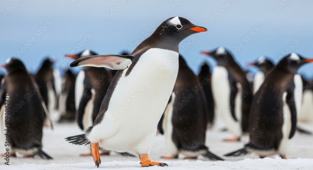 Naklejka premium Close-up of Gentoo Penguin walking in snow colony