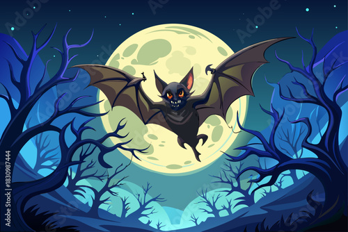 Bat flying over full moon with wide open wings, dramatic dark blue sky background, spooky Halloween atmosphere, detailed nocturnal wildlife silhouette, and mystical moonlight scene illustration.