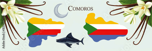 Comoros island map with national flag colors, vanilla flowers, tropical leaves, moon and tuna fish, cultural travel illustration